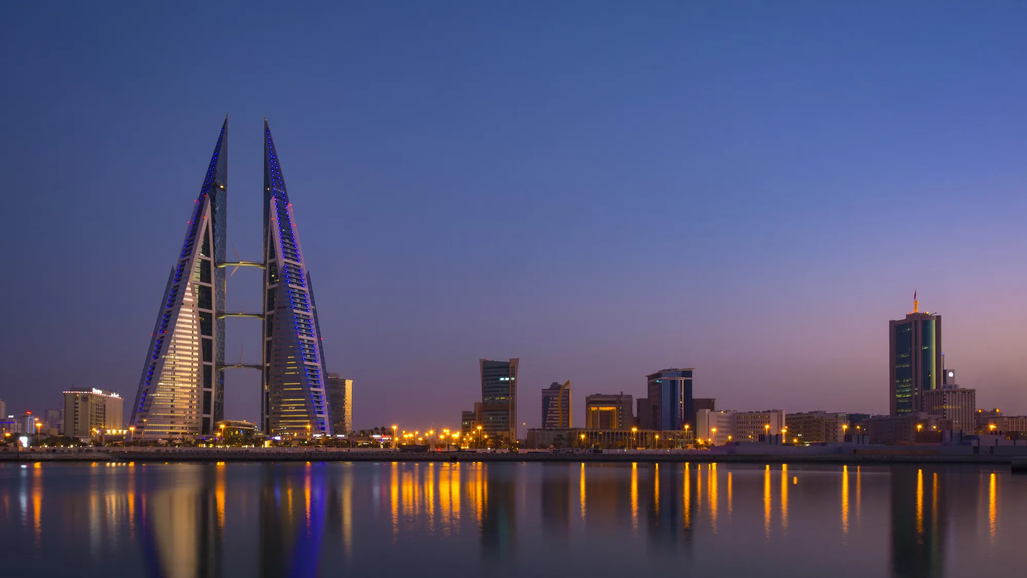 Bahrain World Trade Center at dusk, Manama