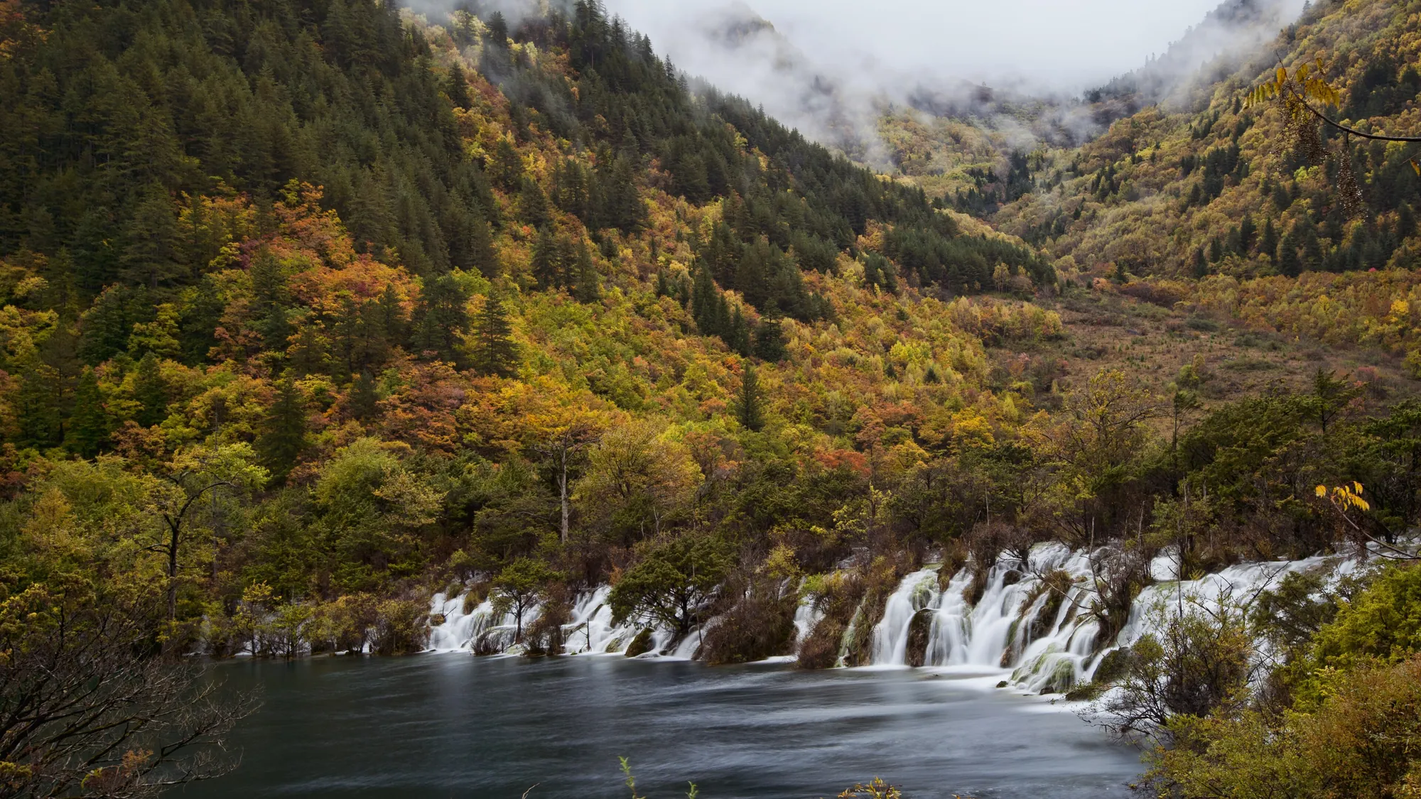 Sleeping Dragon Falls in autumn, Jiuzhaigou, Sichuan