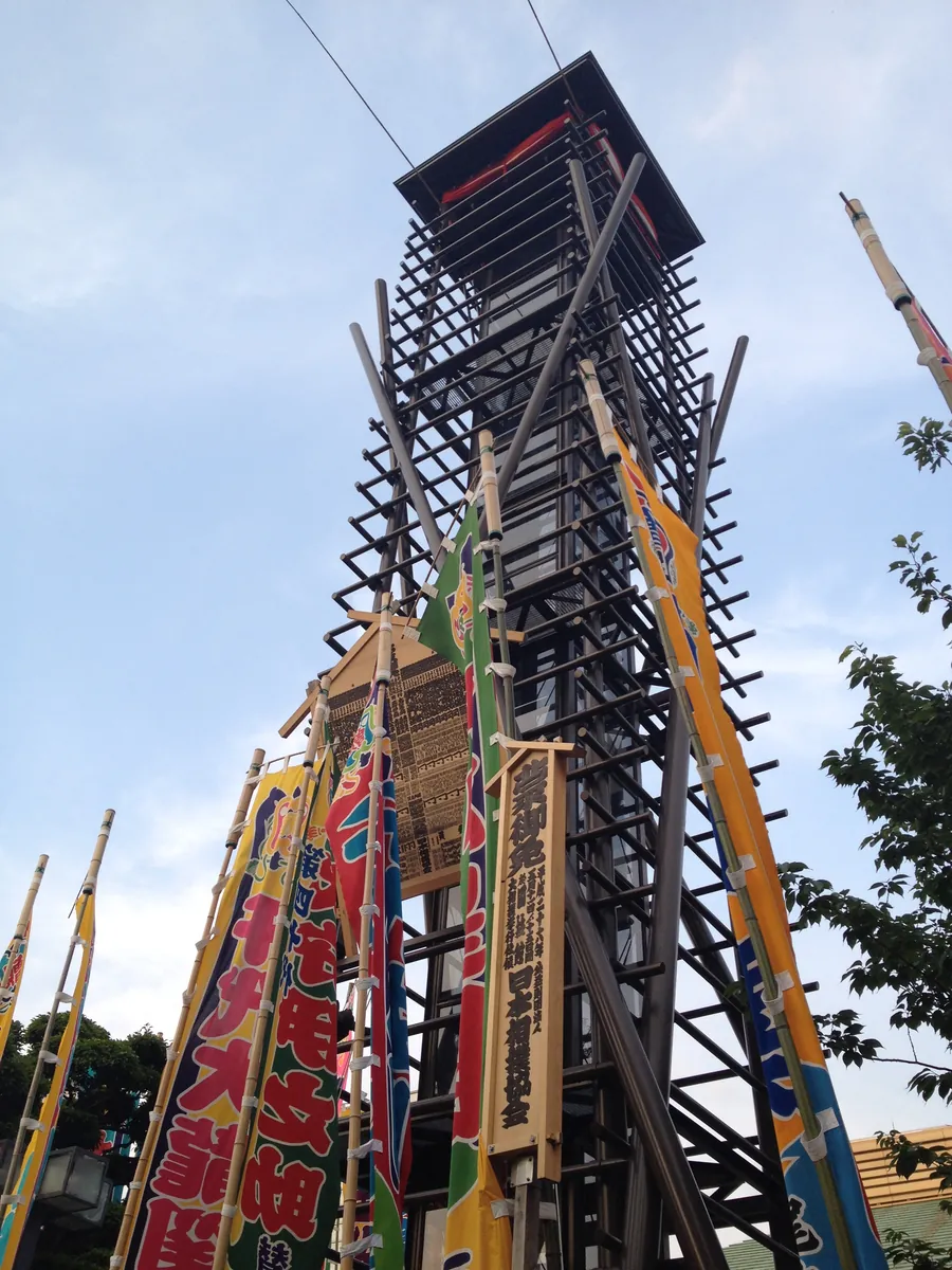 Nobori flags on a tower outside Ryogoku Kokugikan