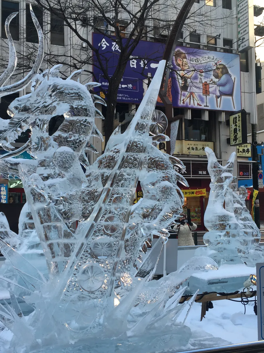 A blue dragon ice sculpture in Sapporo