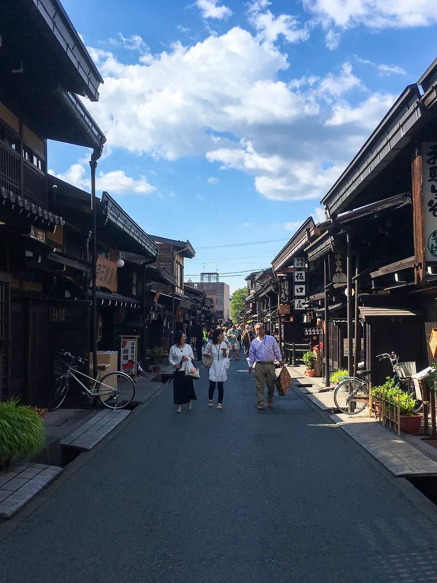 Old wooden houses along a Sanmachi street in Takayama